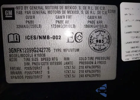 2009 Chevrolet Avalanche 1500 Ls z USA, uszkodzony, nr VIN 3GNFK12099G242776